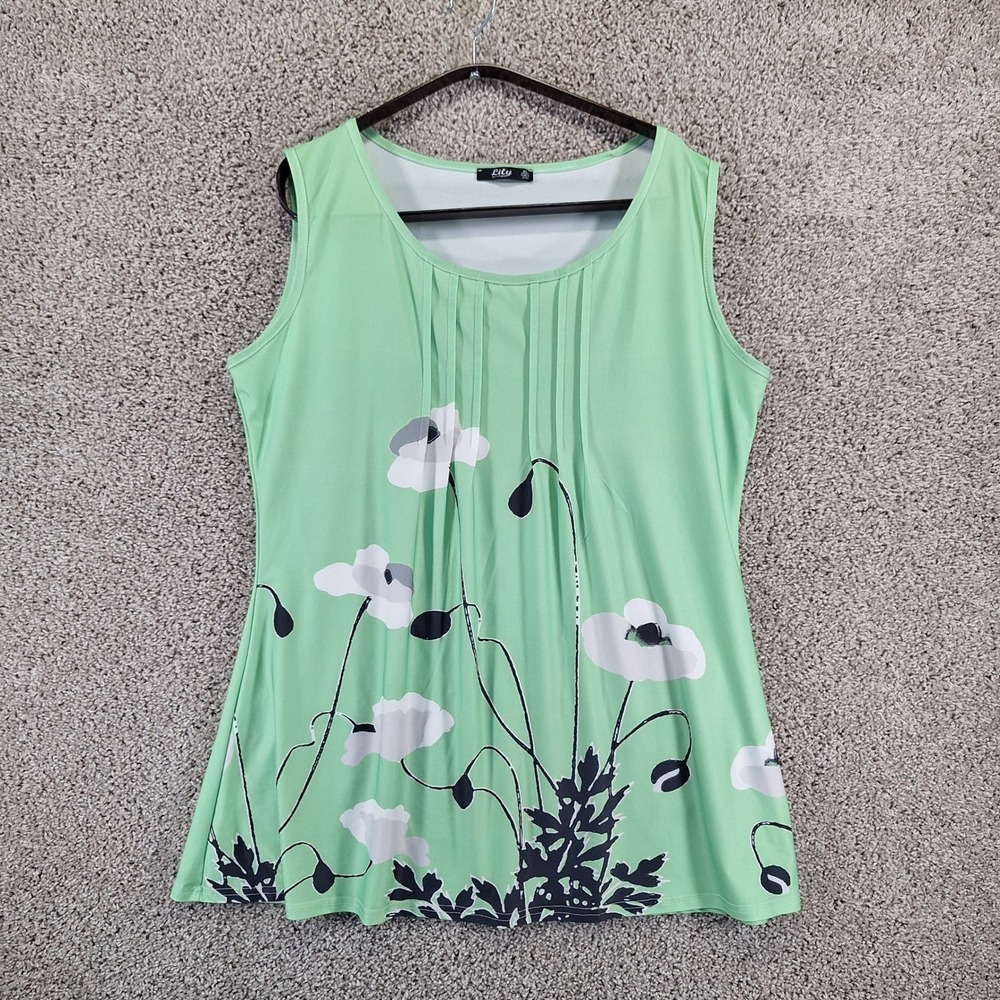 Lily by Firmiana Tank Top Women XL Green Floral Sleeveless Pleated Front Boho